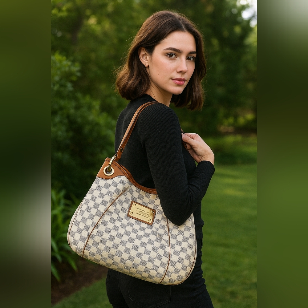Louis Vuitton Damier Azur Canvas Shoulder Bag with Brown Leather Trim